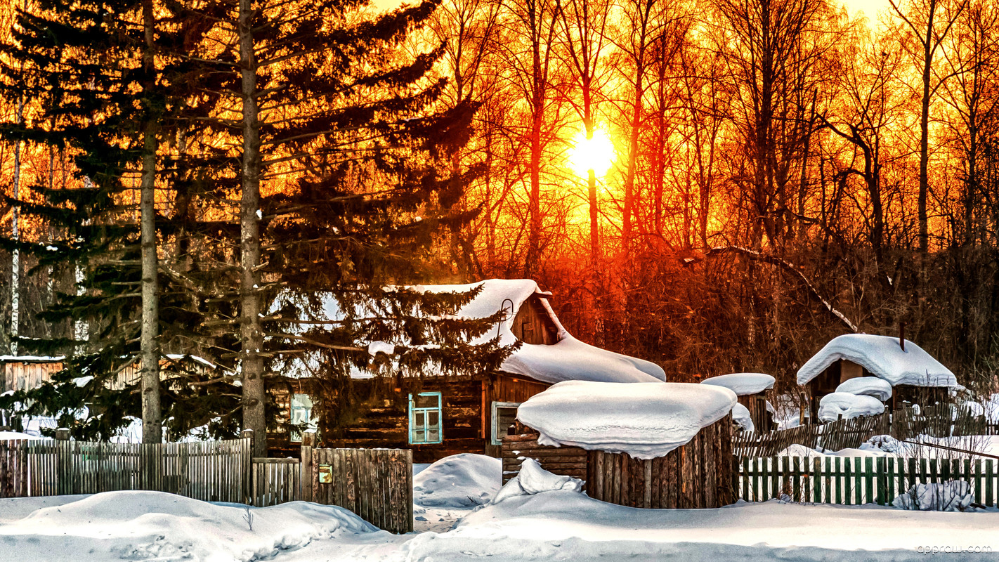 Log Cabin Winter Snow Sunset
